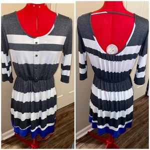 PINKBLUSH MATERNITY STRIPE DRESS CHARCOAL WHITE BLUE BUTTONS LOW BACK DETAIL M